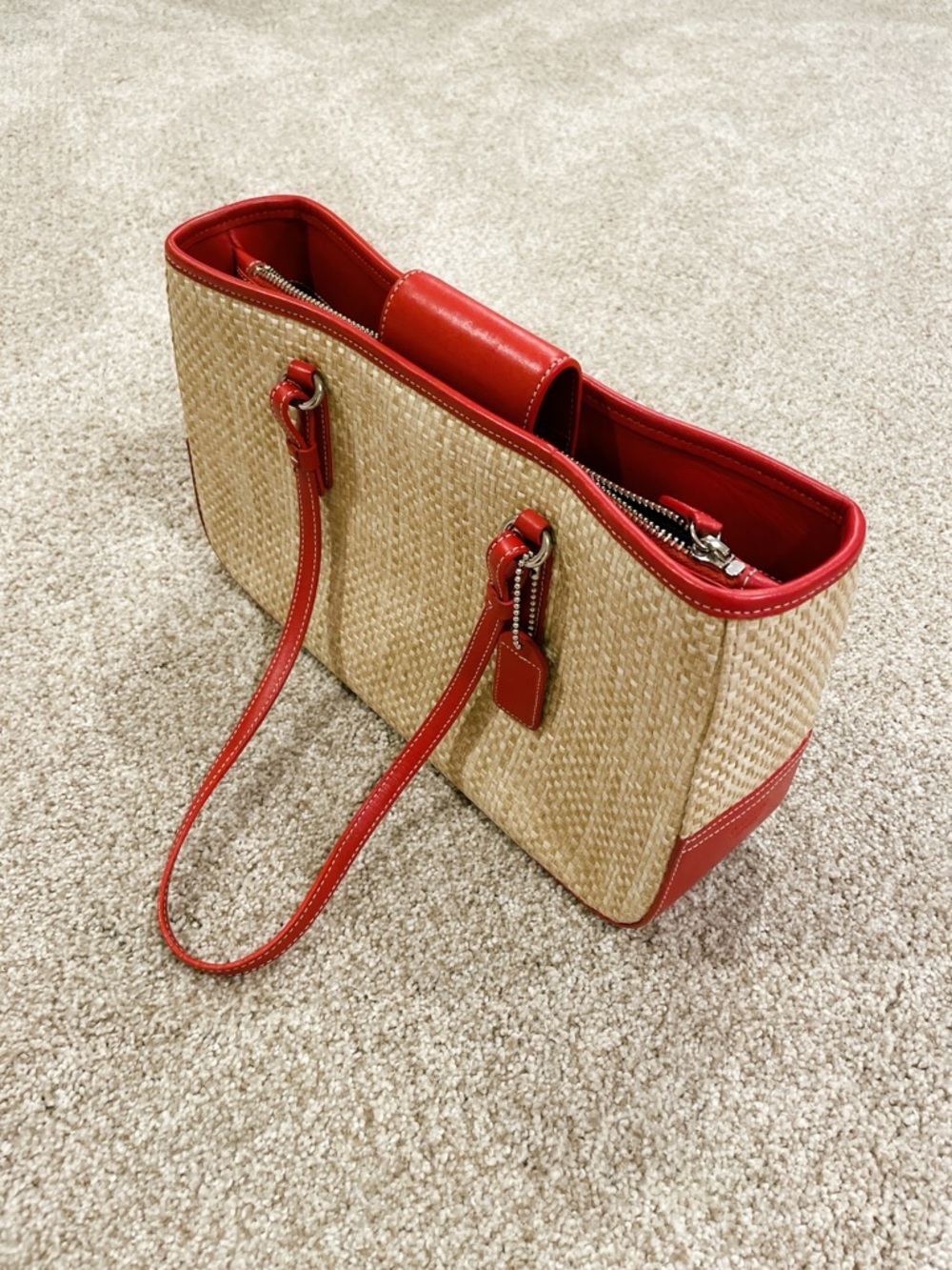 Coach Natural Cabana Straw Tote Handbag Red Leather Trim Vintage Y2K PRISTINE